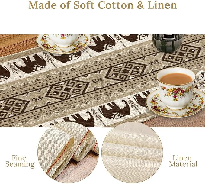 African Tribal Table Runner, Rustic Boho Elephants Diwali India Aztec Bohemian Animal Brown Ethnic Folk Coffee Table Center Decor for Home Kitchen Holiday Party Outdoor Table Decorations, 13"x108"