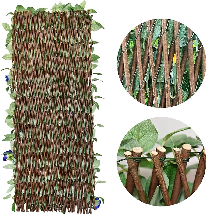 Expandable Fence Privacy Screen for Balcony Patio Outdoor,Decorative Faux Ivy Fencing Panel,Artificial Hedges (Single Sided Leaves) (4, Blue Flowers)