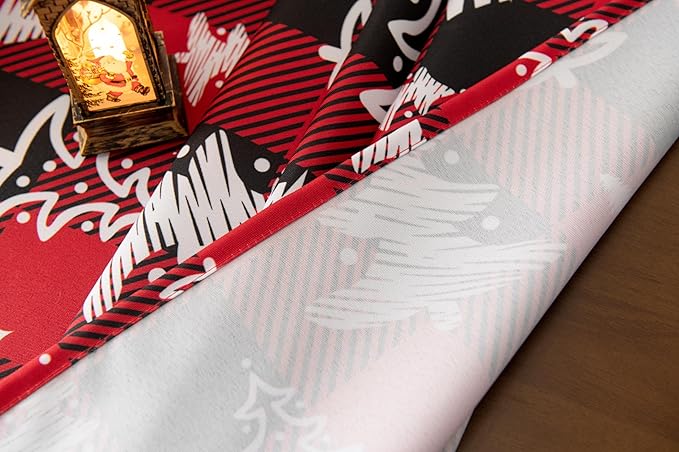Gingham Xmas Tablecloth Fabric - Oblong 58x120 Water Resistant Christmas Tree Plaid Table Cloth for Indoor/Outdoor Use - Red Tabletop Cover Perfect for Birthday, Picnics, Gardens