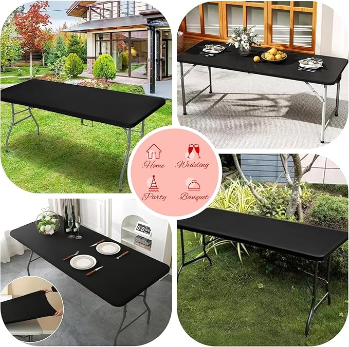 6 Pack Stretch Fabric Table Top Cap Cover, fits 6Ft Tables, Spandex Table Covers Washable Elastic Universal Rectangle Tablecloth Protector for Indoor Outdoor Party Picnic Wedding, Black, 30" W x 72" L