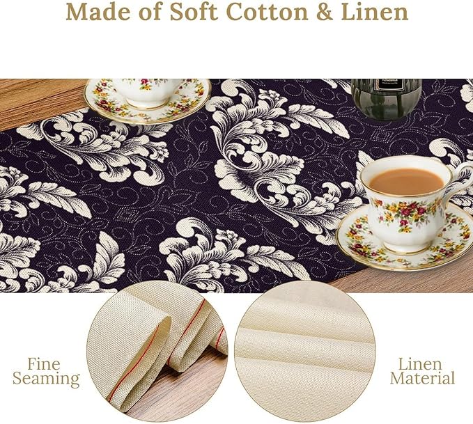 Gothic Table Runner, Antique Retro Damask Floral Bohemian Boho Purple Rustic Vintage Coffee Table Center Decor for Kitchen and Dining Outdoor Home Country Party Table Decorations, 13"x36"