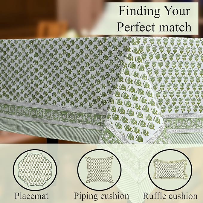 CPC Emerald Green Floral Hand Block Printed 100% Cotton Tablecloth 60x108 Rectangular Reusable and Washable Boho Dining Table Cloth Thanksgiving