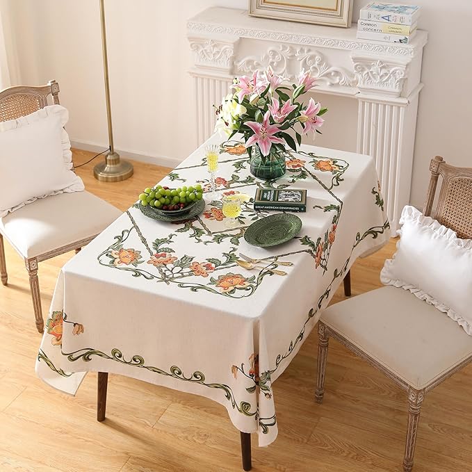 patdrea Designer Vintage Linen Rectangle Tablecloth,French Floral Tablecloths,Wrinkle Free Table Cloth,Decorative Table Cover Cloth for Kitchen,Dining,Tea Party,Home,Christmas,55"*79"