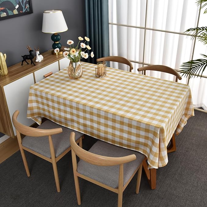 Gingham Table Cloth for Square Tables Yellow Checkered Plaid Tablecloth Heavy Duty Cotton Blend Washable & Wrinkle Table Cover for Outdoor Kitchen Dining Picnic Camping (52x52 Inch)