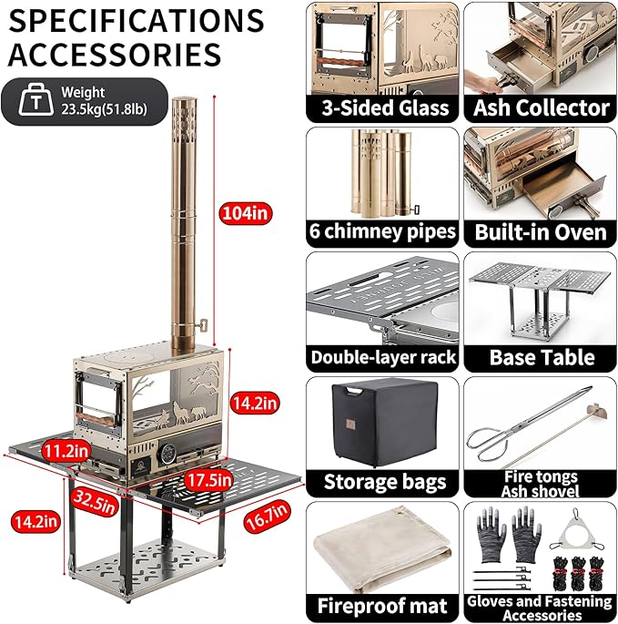 Heavy Duty M8 Wood Burning Stove with Oven, 2100 Cu In Large Firebox,4 Air Inlets, Stainless Steel, Foldable Base & Ash Drawer, 6-Piece Chimney Pipe Kit for Outdoor Cooking, Camping, Off-Grid