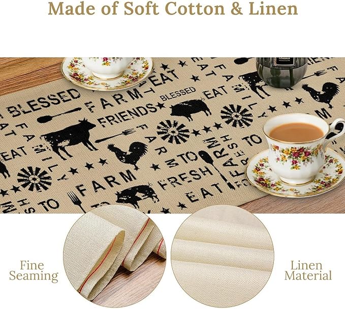 Farm Animals Table Runner, Rustic Farmhouse Cow Pig Rooster Coffee Table Center Decor for Home Kitchen Dining Patio Holiday Party Indoor Outdoor Table Decorations, 13"x108" Inch