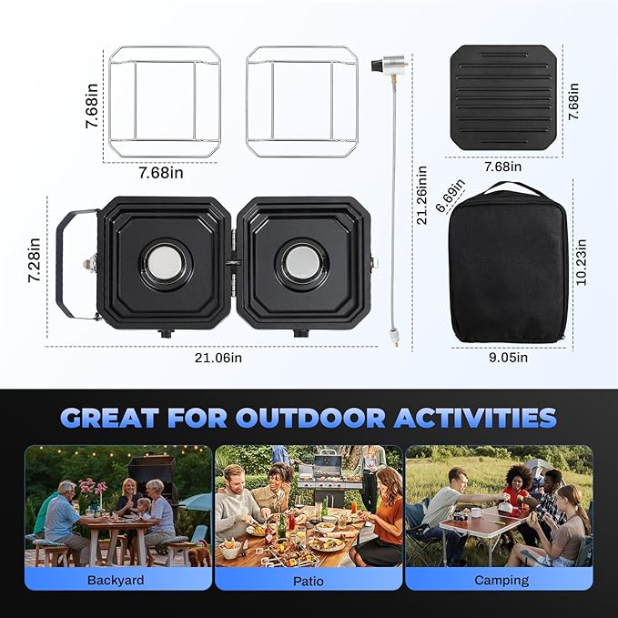 Propane Double Burner Two Burner Camp Stove, 16000 BTU Portable Folding Gas Stove for Camping, With grill, grill pan and carry bag, For camping, home backyard, canning, frying turkey (Blue)