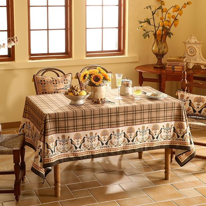 Vintage Brown Checkered Long Rectangle Tablecloth,Italian Floral Linen Wrinkle Resistant Table Cloth,Decor Table Cover for Kitchen,Dining,Thanksgiving,Christmas,63"*102"-Seville