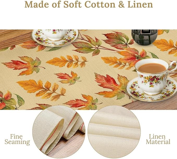 Fall Table Runner, Autumn Orange Yellow Maple Leaves Rustic Thanksgiving Farmhouse Table Cover for Kitchen Dinning Table Indoor Outdoor Party Decor, 13x70inch