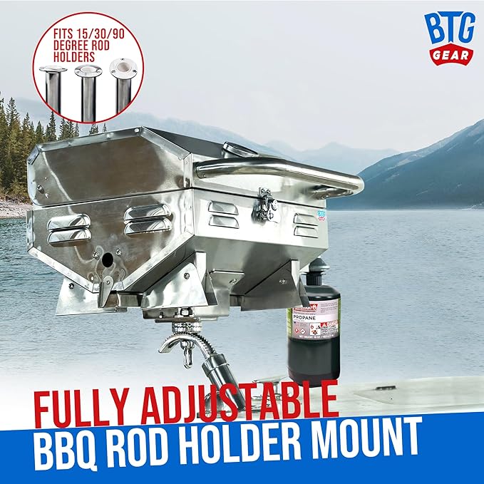 Tailwaves Marine Grill w/Rod Holder Mount | Stainless Steel | Propane BBQ for Boats & Tailgating & Camping | Built in Thermometer | Portable | Fold-away legs