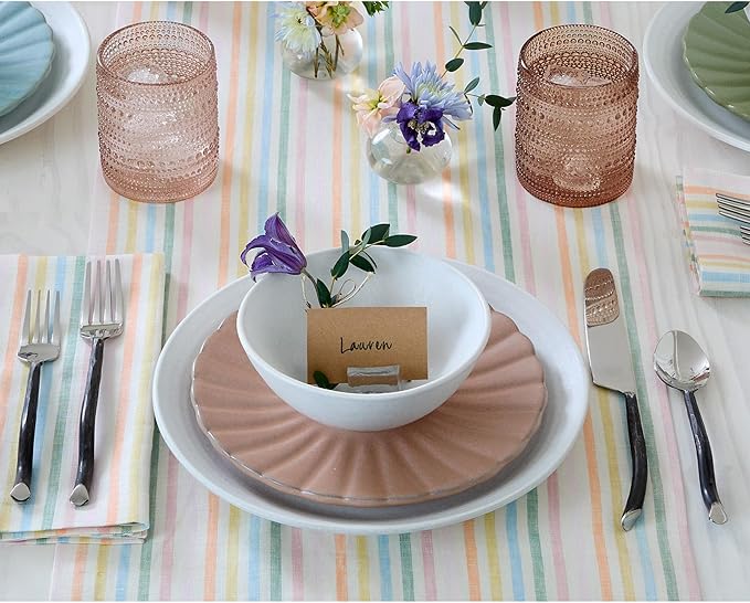 Solino Home Linen Table Runner 36 Inches - Julia 100% Pure Linen Multicolor Muted Pastel Stripe Table Runner 14 x 36 Inch Ideal for Dresser and Coffee Tables, Spring, Easter