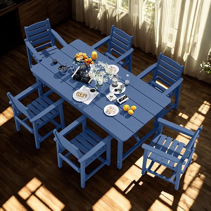 7 Piece Patio Dining Set with 11ft Patio Umbrella (Cream-White), 7 Navy Outdoor HDPE Dining Set with 6 Chairs + 1 Large Table, for Market, Pool, Garden, Backyard, Deck