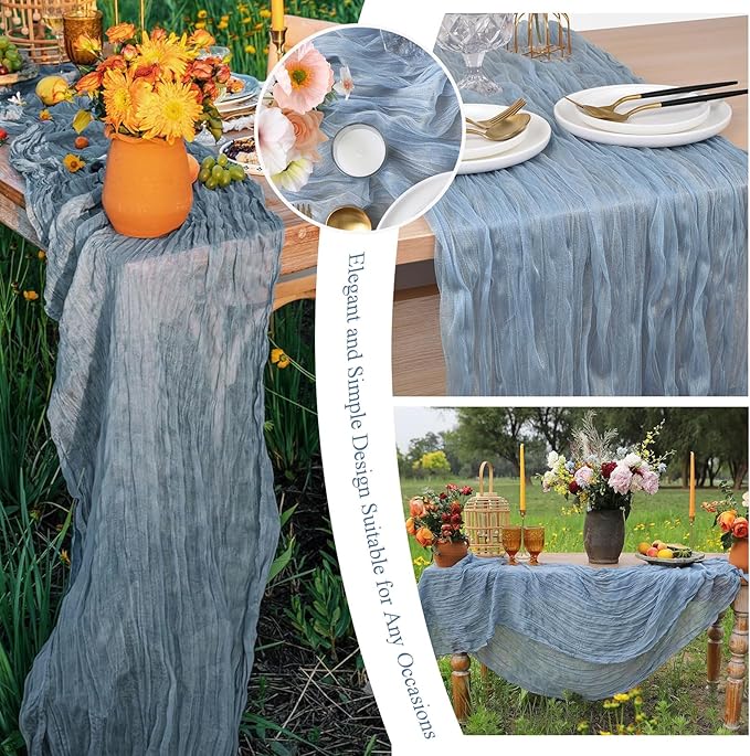 20 Packs Cheesecloth Table Runner 10FT Long Boho Gauze Fabric Table Runner Vintage Rustic Sheer Runners for Wedding Party Bridal Baby Shower Table Decorations (Dusty Blue )