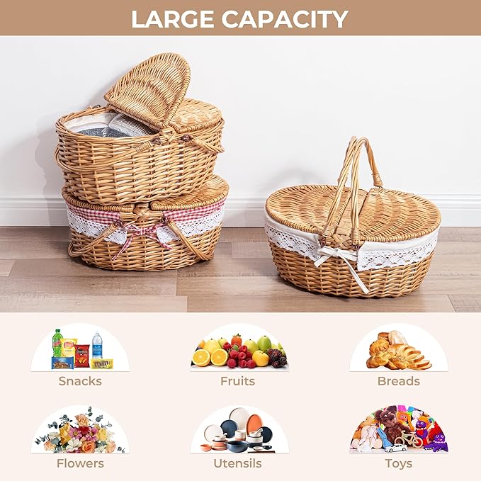 GRANNY SAYS Picnic Basket, Wicker Basket with Lid, Woven Cute Basket with Handle, Storage Basket with Washable Lining & Dual-Flid Lid, Natural Willow Picnic Hamper, Red Lining