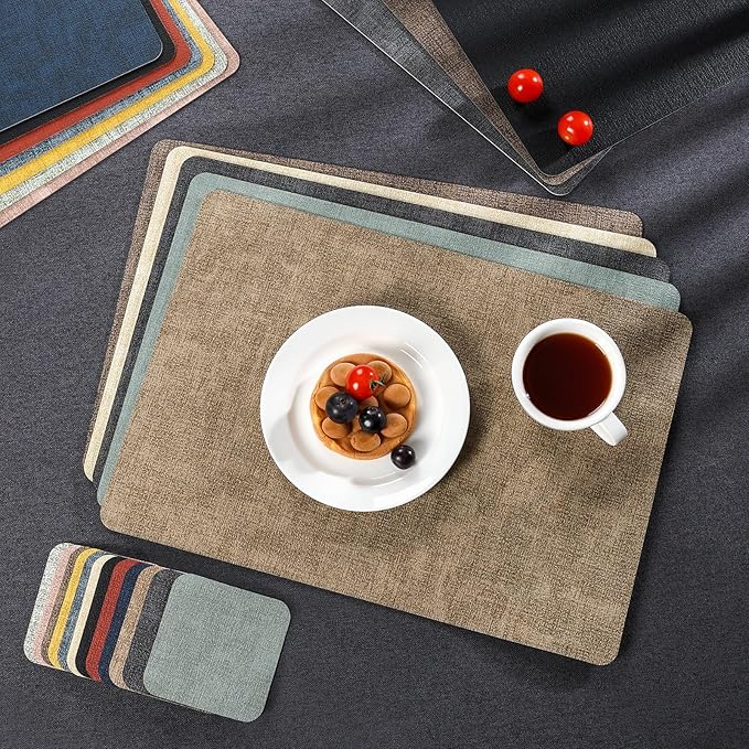 Myir JUN Placemats Dual Sided, Faux Leather Place Mats Set of 8 Indoor Placemats for Dining Table Non-Slip Washable Placemats Heat Resistant Outdoor Table Mats (Set of 8, Gray)