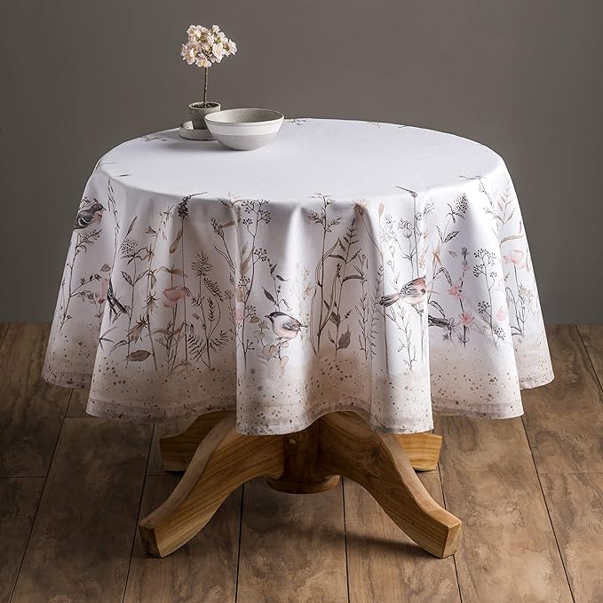 Maison d' Hermine Table Cloth Round Table 100% Cotton 63 Inches Tablecloth Reusable Decorative for Dining Room, Farmhouse, Home, Party, Festive & Wedding Spring Summer - Meadow Florals - Brown