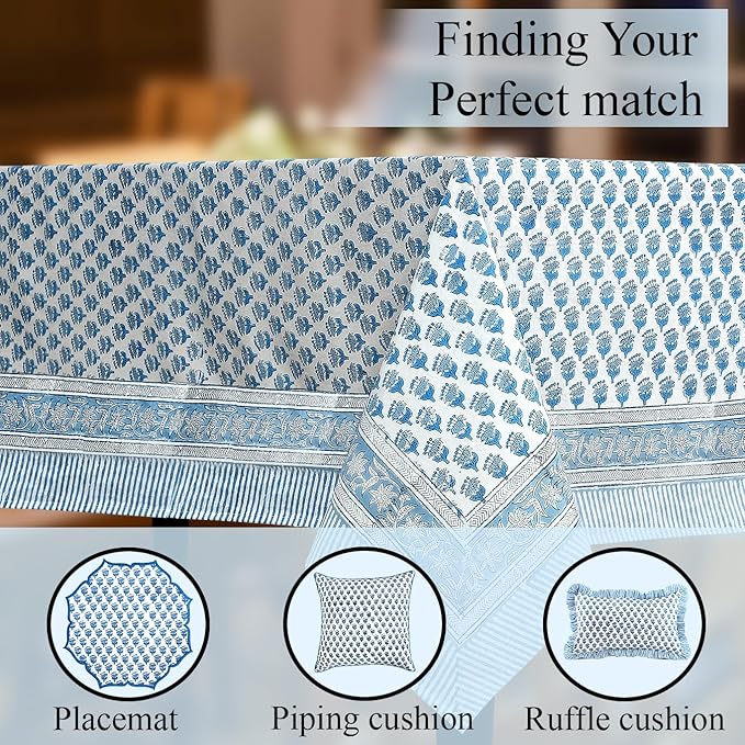 CPC Apatite Blue Floral Hand Block Printed 100% Cotton Tablecloth 60x120 Rectangular Reusable and Washable Boho Dining Table Cloth Thanksgiving