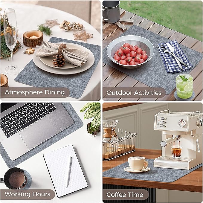 Vinyl Placemats Set of 4, Faux Leather Waterproof and Heat Resistant Place Mats, Washable Anti-Slip Table Mats with Coaster, Wipeable Placemats for Indoor & Outdoor 17" x 12" (Light Blue, Set of 4)