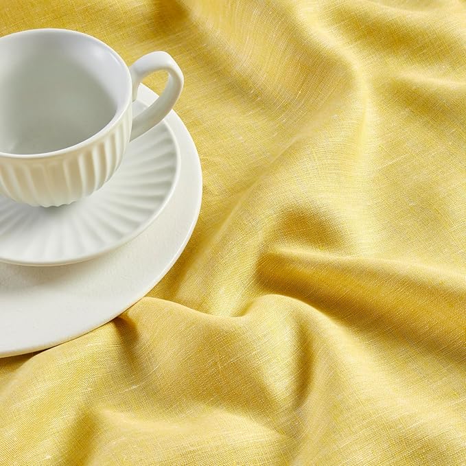 Solino Home Linen Table Runner 144 Inches Long - Athena, 100% Pure Linen Chambray Lemon Yellow Table Runner 14 x 144 Inch for Dining, Spring, Easter