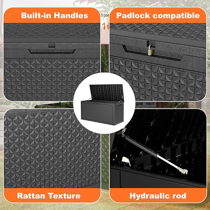 New 100 Gallon Outdoor Storage Box – Resin Deck Box with Lockable Lid, Waterproof Patio Furniture Storage for Tools, Garden & Yard Organization (Black)