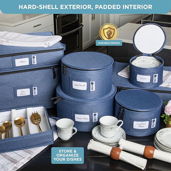 China Storage Hard Shell Containers 8-Piece Set Moving Boxes for Dinnerware, Glasses, Plates, Mugs and Saucers Sturdy Dish Organizer with Dividers for Seasonal Storage - Service for 12 - Denim Blue
