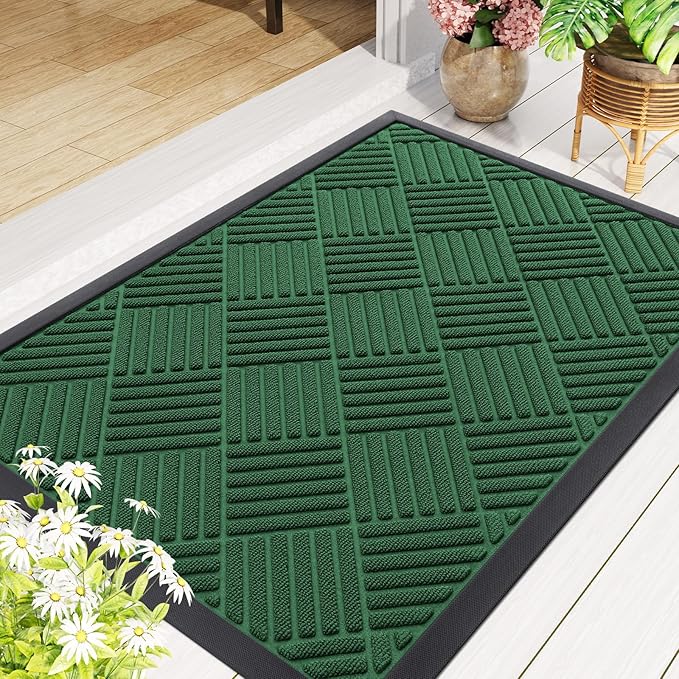 Smiry Front Door Mat Outside Entrance, Heavy Duty Outdoor Indoor Natural Rubber Doormat, Non Slip, Trap Dirt and Moisture, Easy Clean, Low Profile Patio Porch Entryway Mat, 59x35, Green