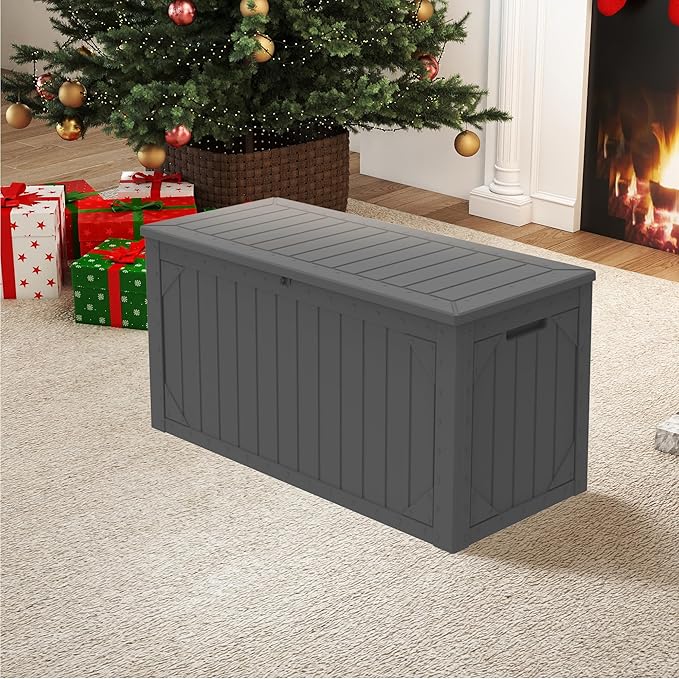 100 Gallon Resin Deck Box, Waterproof Outdoor Storage Box for Patio Furniture, Garden Tools, and Pool Accessories, Lockable UV-Resistant Storage Bin Bench Cabinet for Outside, Grey