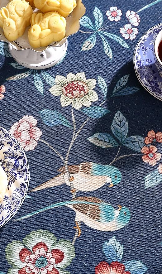 patdrea Designer Vintage Dark Blue Linen Square Tablecloth,Navy French Floral and Birds Pattern Tableloths,Decoration Table Cover for Kitchen,Dining,Tea Party,Home,Christmas,67"*67"