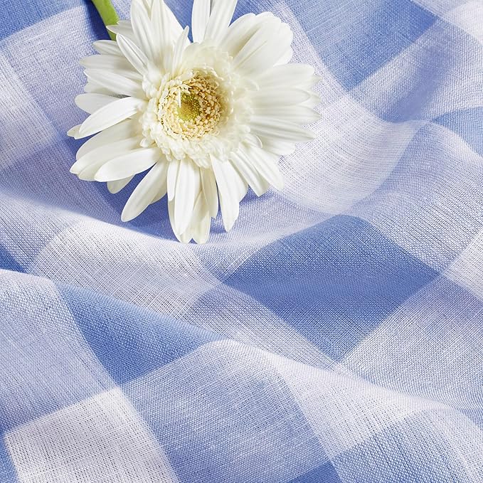 Solino Home Linen Checkered Table Runner 108 Inches Long - 100% Pure Linen Hydrangea Blue Buffalo Check Table Runner 14 x 108 Inch Ideal for Dining, Winter, Spring, Easter