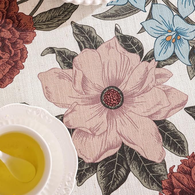 Designer French Linen Tablecloth for Rectangle Table,Red and Blue Floral Rustic Durable Tablecloths,Decor Table Cover for Kitchen,Dining,Thanksgiving,Home,55" × 87"-Burgundyred