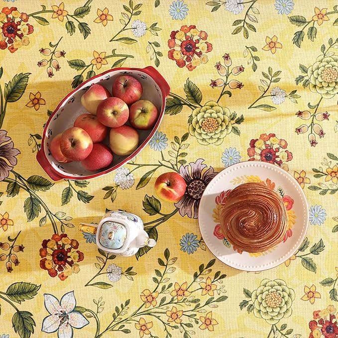 Vintage Linen Tablecloth for Rectangle Table,Yellow Floral French Wrinkle Free Long Tablecloths,Decorative Table Cover for Kitchen,Dining,Thanksgiving,Farmhouse,63" × 94"-Bellano