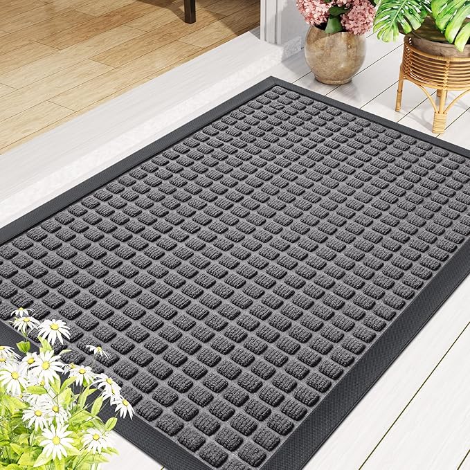 Smiry Front Door Mat Outside Entrance, Heavy Duty Natural Rubber Doormat, Non Slip, Trap Dirt and Moisture, Easy Clean, Low Profile Welcome Floor Mats for Indoor Outdoor Entry, 29.5x17 Inch, Mix Grey