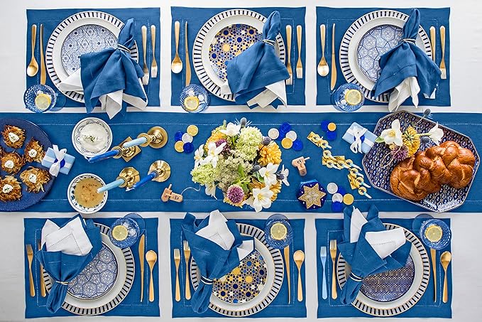 Solino Home Linen Indigo Blue Table Runner 90 Inches Long - 100% Pure Linen 14 x 90 Inch Table Runner for Winter, Spring, Easter - Classic Hemstitch