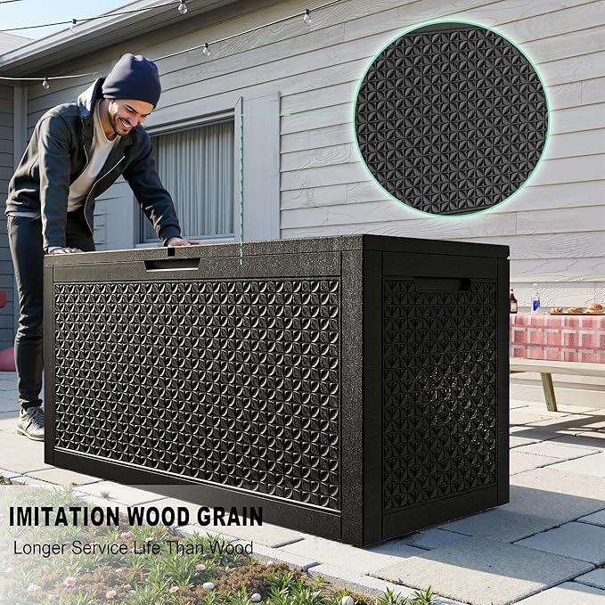 121 Gallon Large Deck Box,Resin Outdoor Storage Box with Lockable for Patio Furniture, Pool Accessories, Garden Tools Waterproof Outside Storage Box, Black