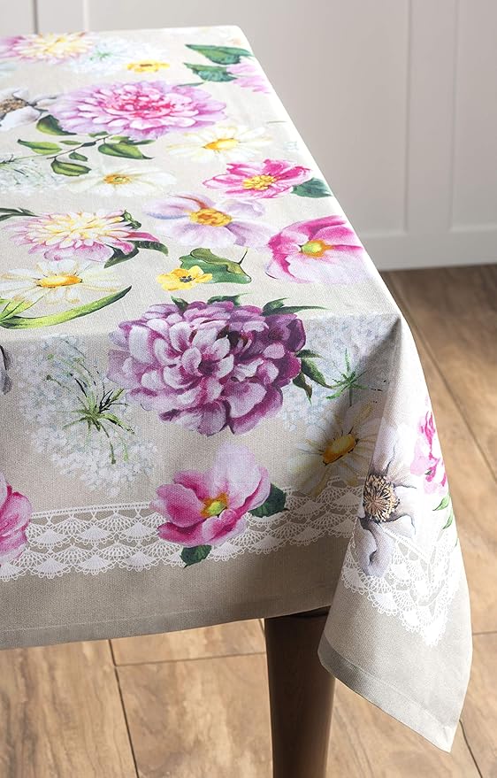 Maison d' Hermine Table Cloth Rectangle Table 100% Cotton 54 x 72 Inches Tablecloth Reusable Decorative Everyday Use for Dining Room, Farmhouse, Home, Party, Festive & Wedding Spring Summer - Pivoine