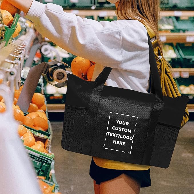 DISCOUNT PROMOS 10 Zippered Non-Woven Tote Bags Set - Customizable Text, Logo - Mesh Pocket, Zippered, Recyclable, Reusable - Black - 19"X14"X3", with Zipper