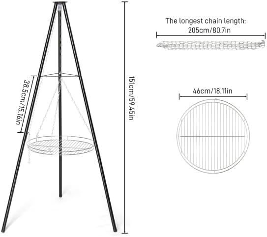 Campfire Tripod Grill, Adjustable Height BBQ Grill Grate with Fire Bowl for Outdoor Camping BBQ, (24.4 x 23.2 x 61.0) in, Black