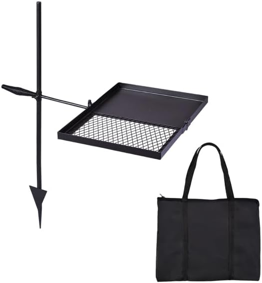 Folding Swivel Campfire Grill, Portable 2-in-1 Cooking Grate & Grill Pan with Carrying Bag, Adjustable Height 360° Rotation Over Fire Pit Rack for Outdoor Camping, BBQ, Picnic and Backyard Cooking
