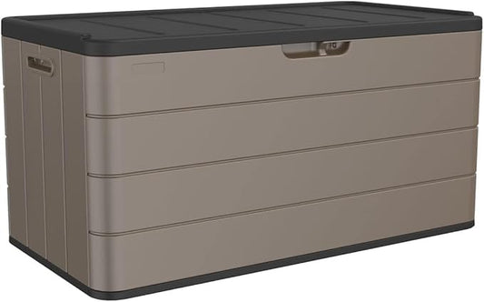 TARKARI Premium Pro Edition 100 Gallon Lockable Resin Deck Box, Waterproof & UV-Resistant Outdoor Storage Box for Outdoor Cushion Storage, Garden Tools & Pool Accessories Storage, Brown