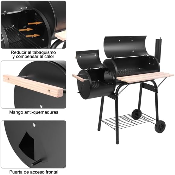 44" Charcoal Grill Offset Smoker, Outdoor BBQ Smoker with Side Fire Box, High-Temp Paint Charcoal Furnace with Thermometer, Wooden Shelf & 2 Wheels for Backyard Cooking, Camping, Picnic, Black