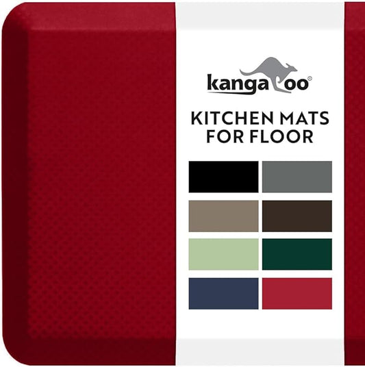 KANGAROO Thick Ergonomic Anti Fatigue Mats for Kitchen Floor, 58x20, Cushioned Standing Office Desk Mat, Waterproof Scratch Resistant Topside, Supportive All Day Comfort Padded Foam Rugs, Red