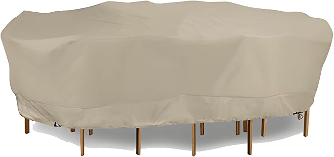 Eevelle Meridian Patio Oval Table Set Cover with Marine Grade Fabric - Outdoor Table Cover - Furniture Set Covers for Dining Table - Easy to Install - (25.5"H x 128"L x 82"W, Khaki)