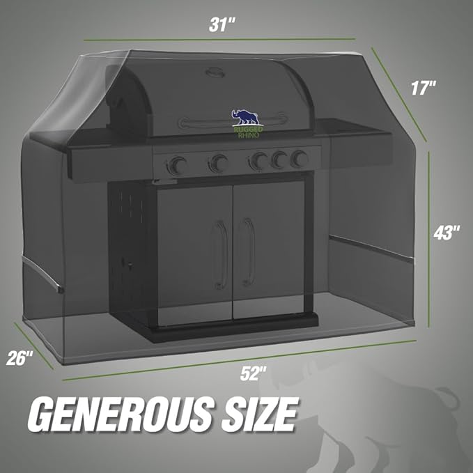 RUGGED RHINO 52 Inch Heavy Duty Grill Cover for Outdoor Grills, All Season Three Layer Waterproof UV Resistant Windproof Gas BBQ Covers, Compatible for Weber Char-Broil Pit Boss Traeger and More Black