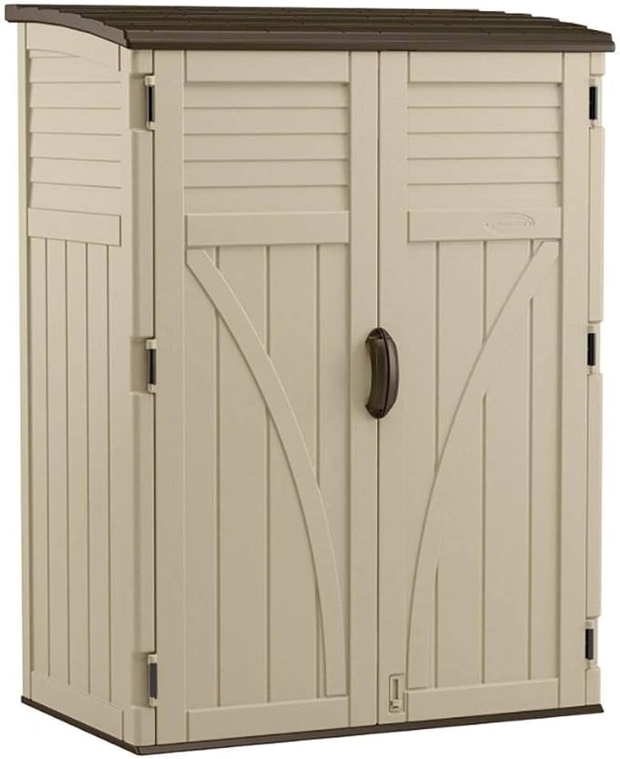 Suncast Outdoor Storage Cabinet Waterproof Resin Vertical Outdoor Storage Shed (54 cu. ft.) for Patio, Garden Tools, Cushions, & Equipment. Weatherproof Plastic Multi-Wall Design, Capacity Made in USA