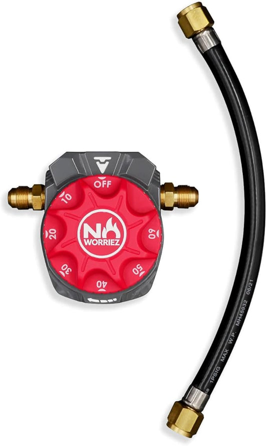 NO WORRIEZ Safety Auto Shut-Off Gas Timer for Propane & Natural Gas | Outdoor Grill, Fire Pit, Pizza Oven | – 100,000 BTU w/ 3/8" Flared Connector & Hose, Patent Pending