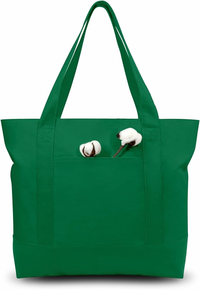 TOPDesign 1-Pack Canvas Tote Bag with an External Pocket, Reusable Grocery Shopping Bag, Top Zipper Closure, Daily Essentials (Green)