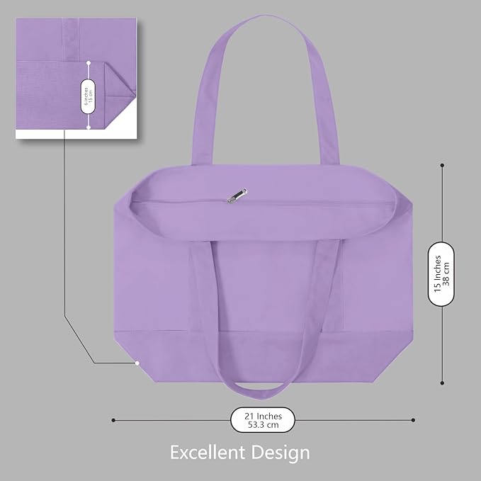TOPDesign 6-Pack Canvas Tote Bags with an External Pocket, Reusable Grocery Shopping Bags, Top Zipper Closure, Daily Essentials (Lavender)