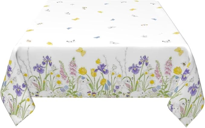 Spring Easter Tablecloth 54 x 54 Inch Square, Bunny Colorful Flower Butterfly Decorative Tablecloths Stain Resistance Polyester Rabbit Floral Table Cloth for Holiday Parties Kitchen Dining