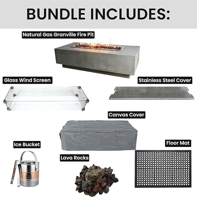 Elementi Granville Fire Pit Bundle Outdoor Firepit Set Includes 60” Natural Gas Concrete Firepit Table, Glass Windscreen, Stainless Steel Cover, Canvas Cover, Floor Mat, Ice Bucket