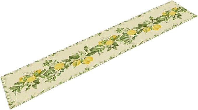 Summer Lemon Table Runner, Spring Blooming Lemon Tree Branches Bouquets Yellow Green Leaves Table Runner for Farmhouse Home Dining Kitchen Table Party Decor, 13x70inch